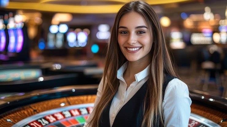 Dealer casino live dengan meja permainan dan kartu remi di studio profesional